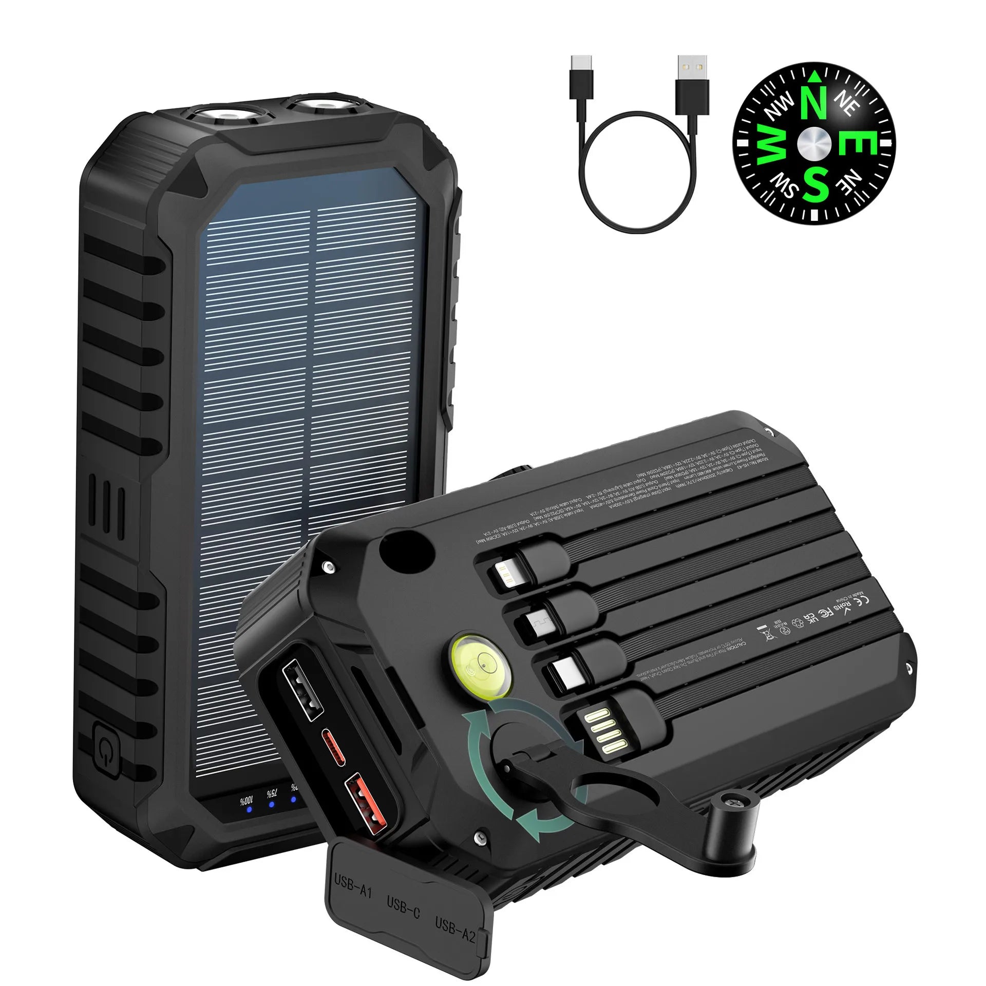 40000mAh Solar Power Bank with Hand Crank Portable 22.5W Fast Charger Built-in Cable External Battery for Phones Camping Outdoor