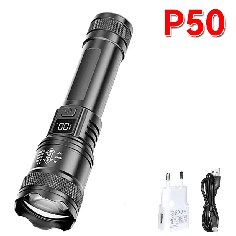 Lampe de poche tactique LED P50 Ultra lumineuse, 2000lm, projecteur d'urgence EDC, Zoom télescopique, torche portative avec batterie 14500/18650
