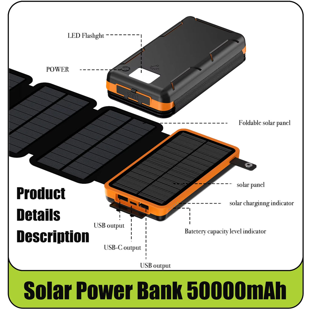 Solar Power Bank 50000mAH Folding Solar Panels 5V 2A USB Output Portable Outdoor Camping Sun Power For IPhone Android