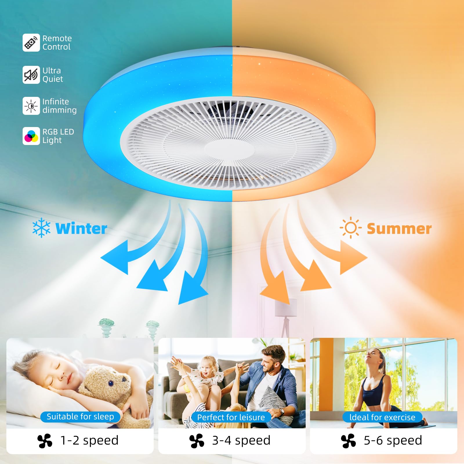 AHXIAOZN Ventilateur LED RGB Silencieux 50 cm - Golden High-Tech
