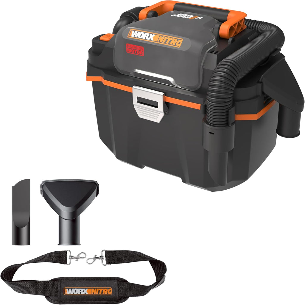 Aspirateur Sans Fil Eau Et Poussières Brushless 20V WX031.9, Moteur 300W, Réservoir 11L, Livré Avec Buse Large, Suceur Plat, Tuyau Flexible, Bandoulière, Sans Batterie Ni Chargeur