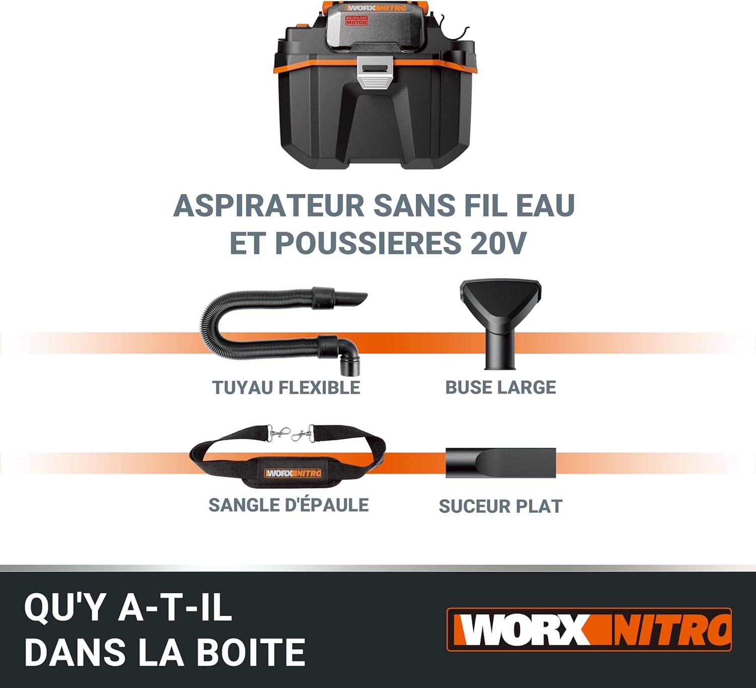 Aspirateur Sans Fil Eau Et Poussières Brushless 20V WX031.9, Moteur 300W, Réservoir 11L, Livré Avec Buse Large, Suceur Plat, Tuyau Flexible, Bandoulière, Sans Batterie Ni Chargeur