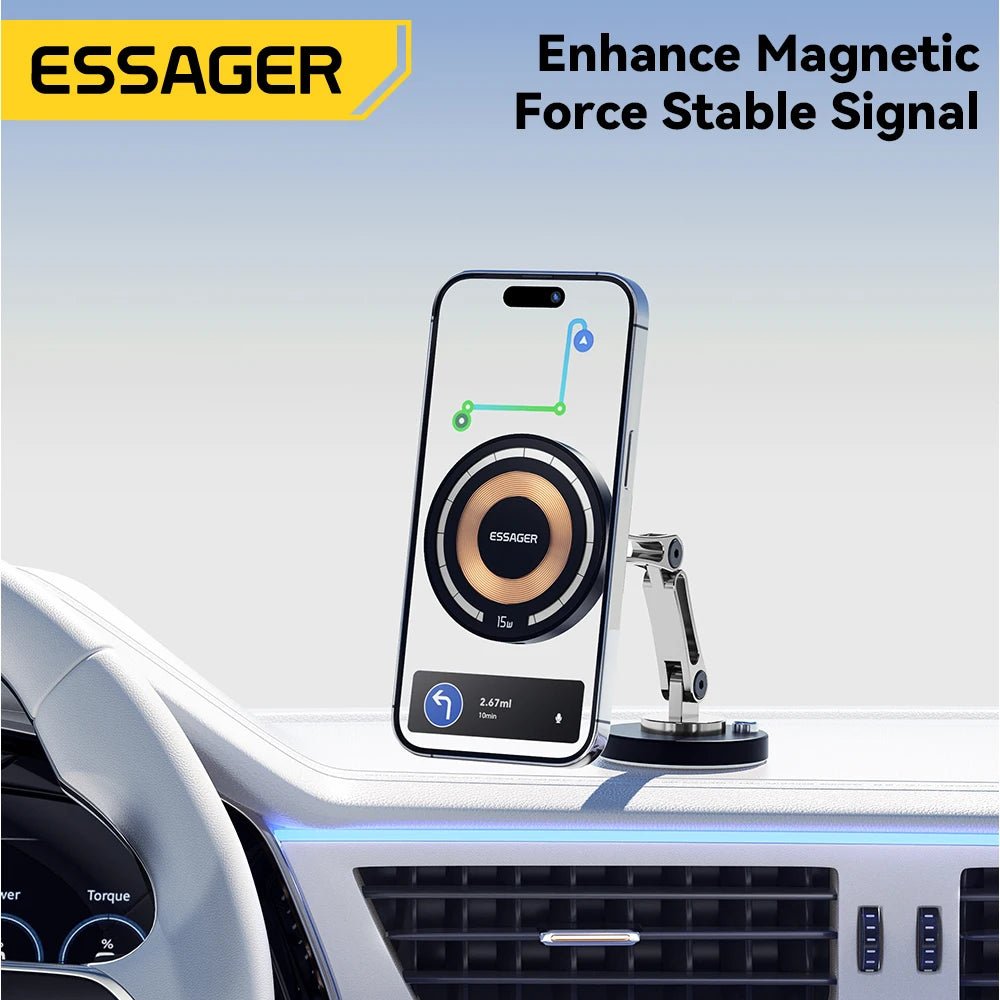 Essager Magnetic Wireless Charger Car Phone Holder 15W Fast Charging Easy Paste Mount Stand For Magsafe iPhone 15 14 13 Pro Max - Golden High-Tech