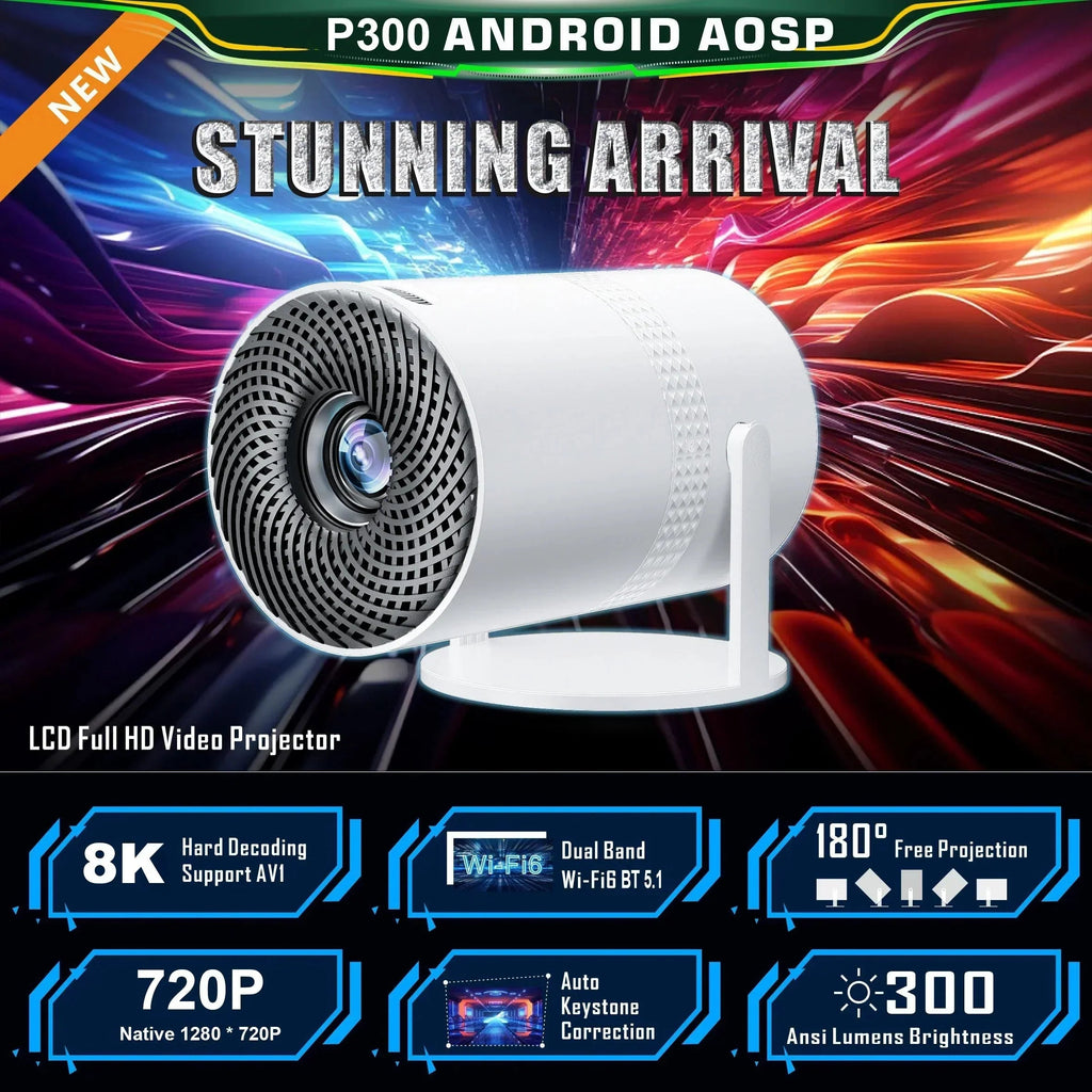 Salange P300 Mini Portable Projector - 4K 8K Video Decoding, 720P HD, Android 11, Wi-Fi, BT 5.1 - Golden High-Tech
