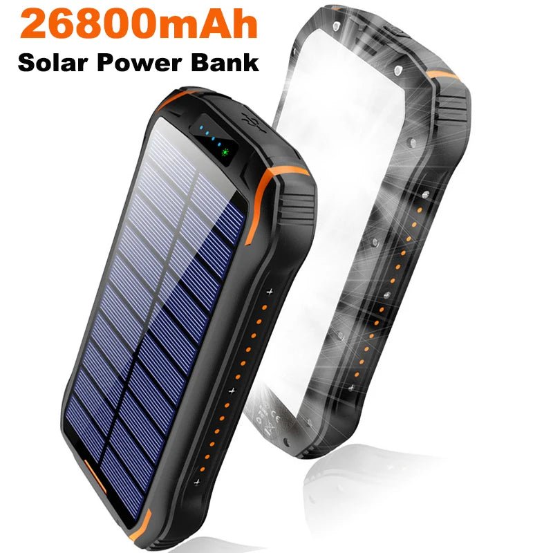 Solar Power Bank 26800mAh Waterproof Portable Solar Panel Fast Charger Powerbank External Battery Power Bank with Camping Light - Golden High-Tech