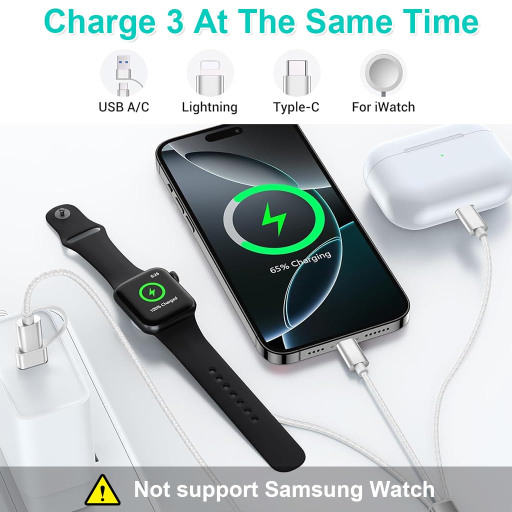 ZORBES® 3 in 2 USB C Cable for Watch Charger/For iPhone 16 Charger/Lighting, Multi Charging Cable Cord, Camping Essentials, Portable Designed for iWatch Series &iPhone 16-12, 4.9FT - Golden High-Tech