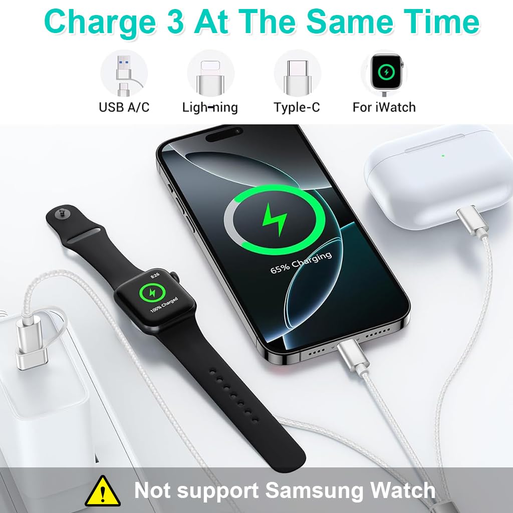 ZORBES® 3 in 2 USB C Cable for Watch Charger/For iPhone 16 Charger/Lighting, Multi Charging Cable Cord, Camping Essentials, Portable Designed for iWatch Series &iPhone 16-12, 4.9FT - Golden High-Tech