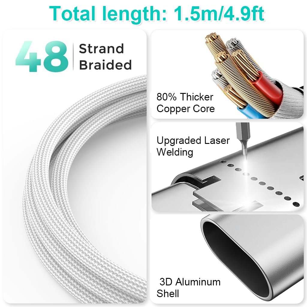 ZORBES® 3 in 2 USB C Cable for Watch Charger/For iPhone 16 Charger/Lighting, Multi Charging Cable Cord, Camping Essentials, Portable Designed for iWatch Series &iPhone 16-12, 4.9FT - Golden High-Tech